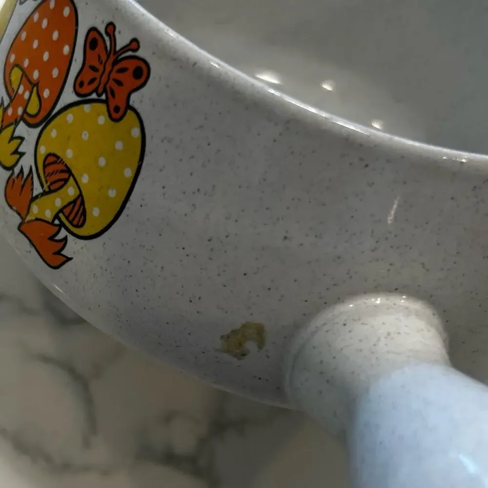 Vintage Royal Sealy Merry Yellow / Orange Mushroom Crock‎ Sauce Pan w/ Handle